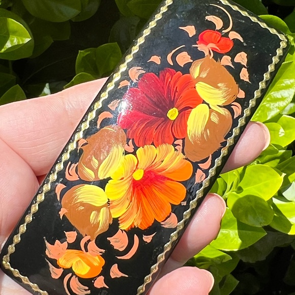Vintage Russian Lacquer Hand painted Floral Yellow Orange Red Barrette Hair Clip